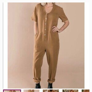 Rylee + Cru short sleeve cotton jumpsuit carmel Womens S pockets